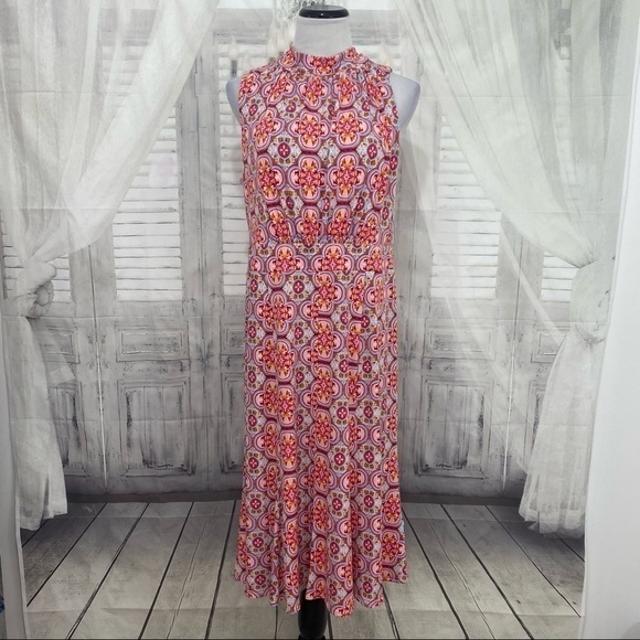 Donna Morgon Size 16 Dress High Neck Sleeveless Pink Orange Dress Knee Stretch - Picture 1 of 12